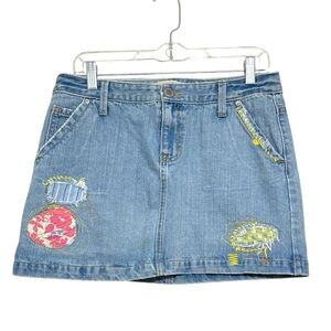 GAP Y2K Denim Mini Skirt Embroidered Appliqué Jeans Blue Cotton Size 10